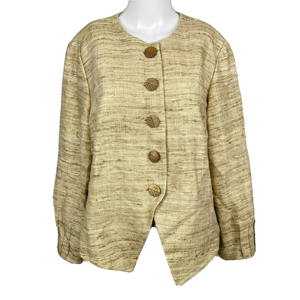 Blair Woolverton Blazer Jacket Women Sz M Beige Silk Tweed Wood Button‎ Lined